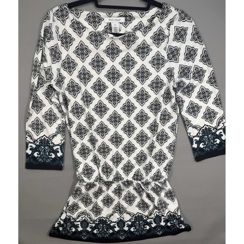White House Black Market Tunic Women XS White Black Excellent Medallion Peplum